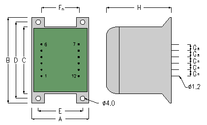 Print Layout & Dimensions - Encapsulated Transformer for PCB Mount - 30-60VA  50/60Hz